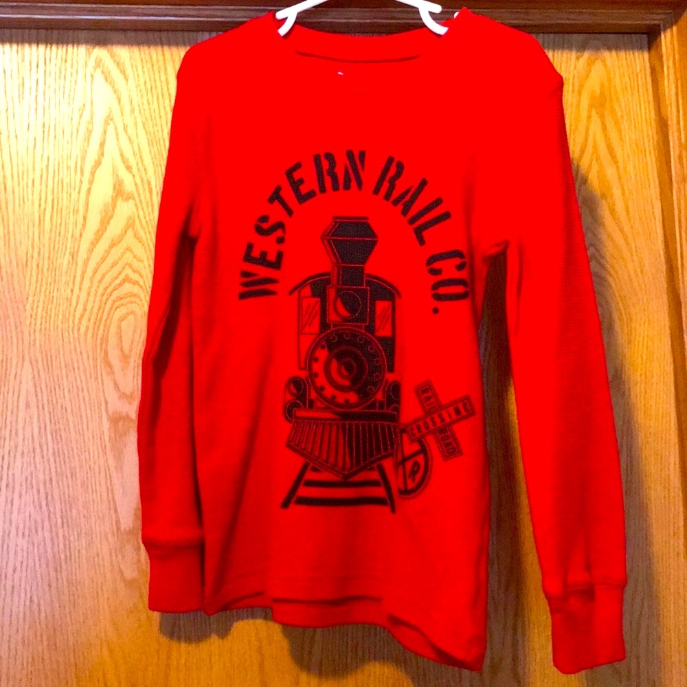 Boy’s size 6 red waffle weave thermal train Western Rail locomotive shirt EUC
